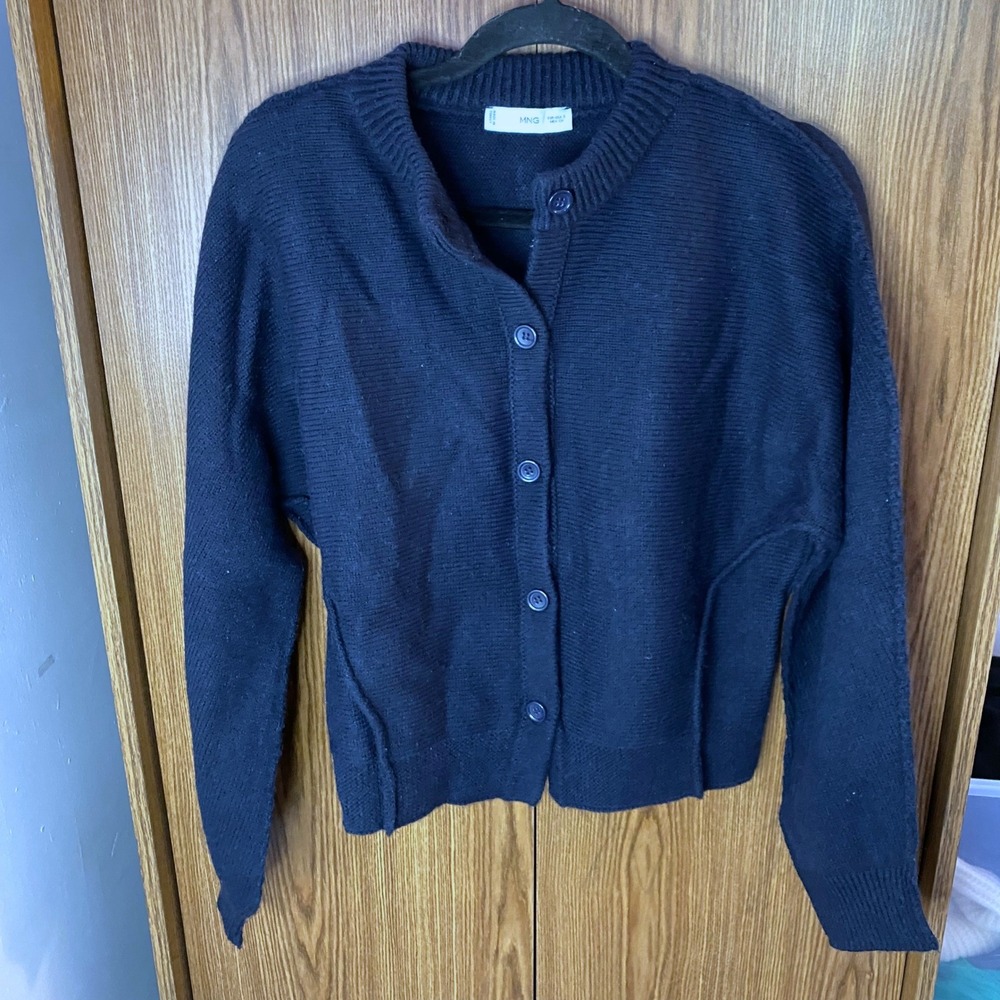 Mango MNG Cardigan Sweater Women Small Navy Blue Wool Blend Ribbed Button Front